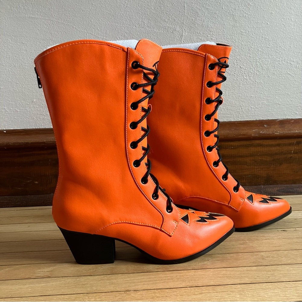 NEW Strange Cvlt Size 8 Orange Black Scary Jack O’Lantern Halloween Boots - Picture 2 of 7